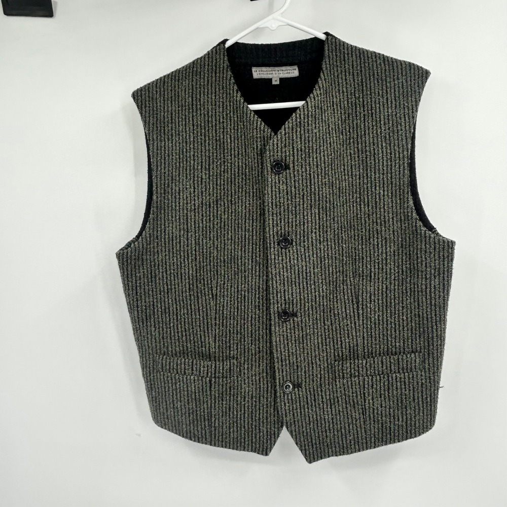 Vintage Structure Mens Green Striped Wool Blend Button Front Vest M